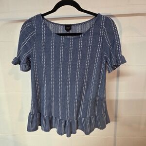 W5 Anthropologie Blue Striped Ruffle Sleeve Top Women Small Casual Preppy Summer